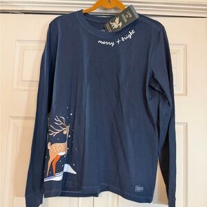 NWT Life Is Good Large Women's Little Deer in the Snow Long Sleeve Crusher Tee